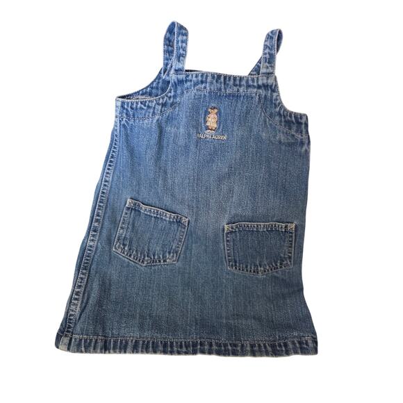 Vtg Ralph Lauren 3T Overall Jumper Dress Toddler Teddy Bear Denim Cotton - Picture 1 of 9